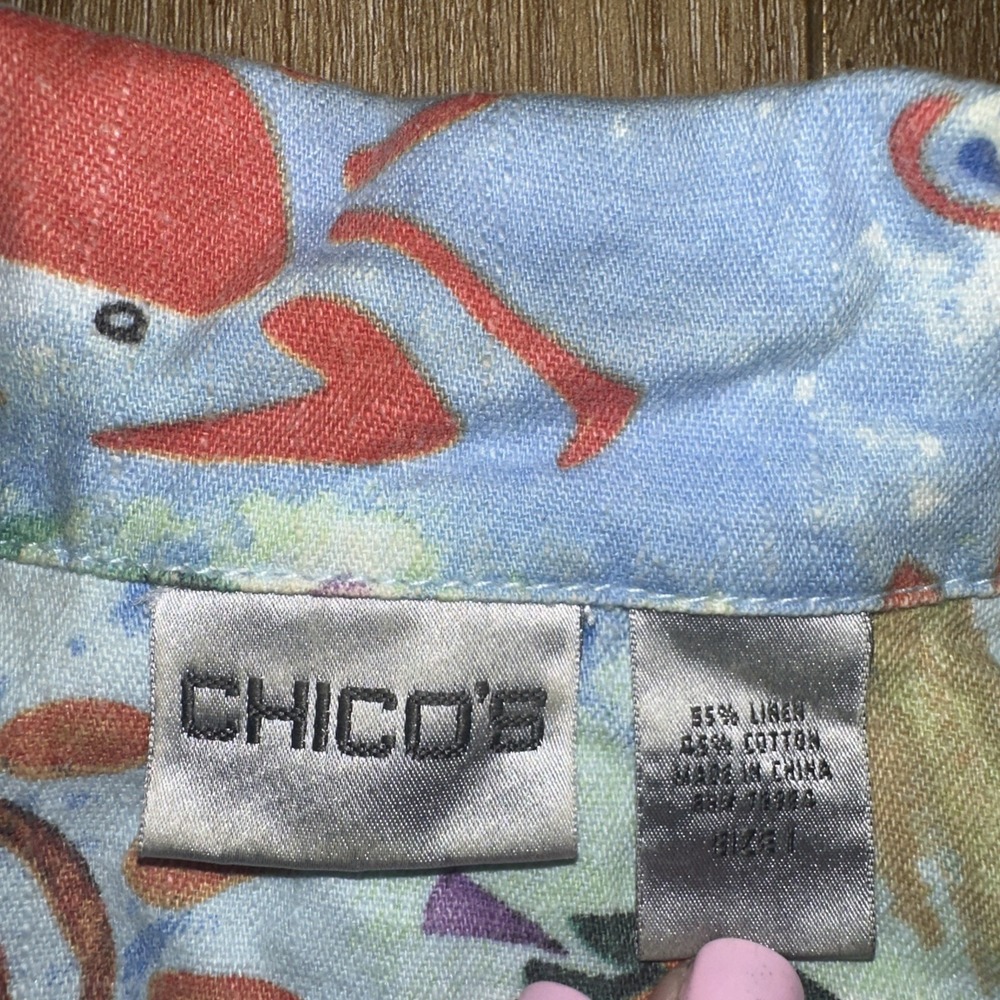 Chico's Top Jacket Whimsical Sea Life Nautical Print Blue Linen Cotton Woman's 1 - Picture 3 of 6